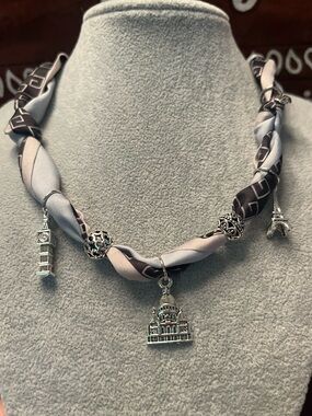 Travel Landmark Charm Necklace with Gray, Cream &  Black Twisted Knotted Scarf